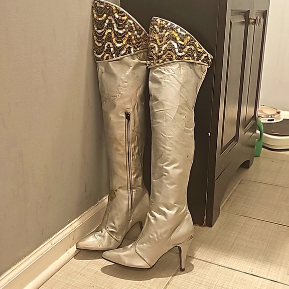 Vintage Over-The-Knee Genuine Leather Boots, Sz 8M Silver w/Top Black/Gold/Silve
